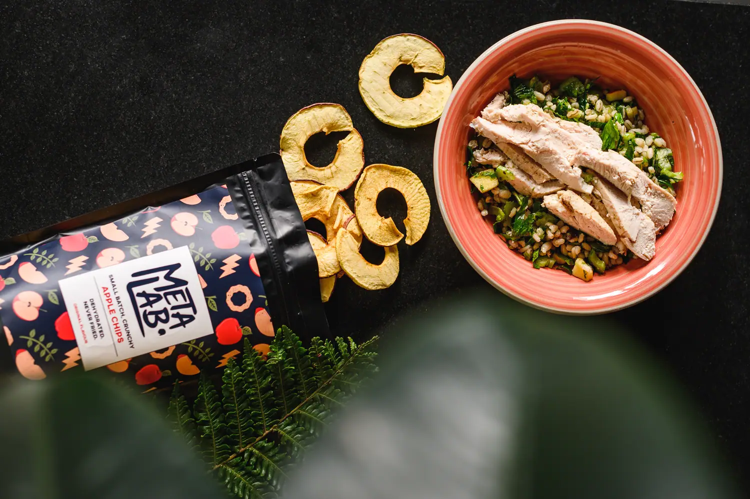 MetaLab product flat-lay with a prepared meal