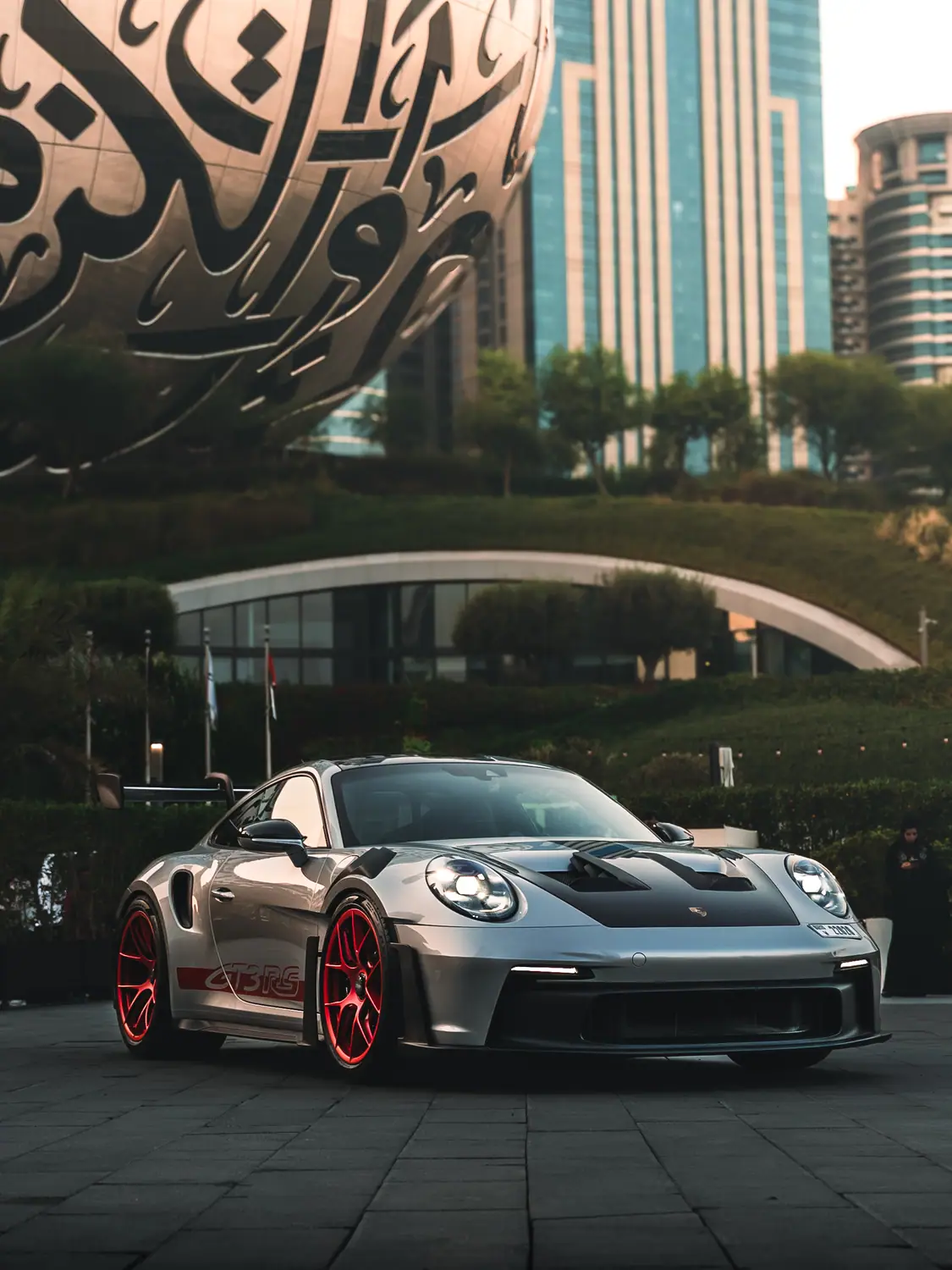 Porsche 911 GT3 RS photographed against Dubai architecture